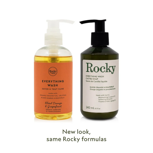 Bottles of Rocky Mountain Soap Company Everything Wash Castile Soap, old branding beside the new branding 