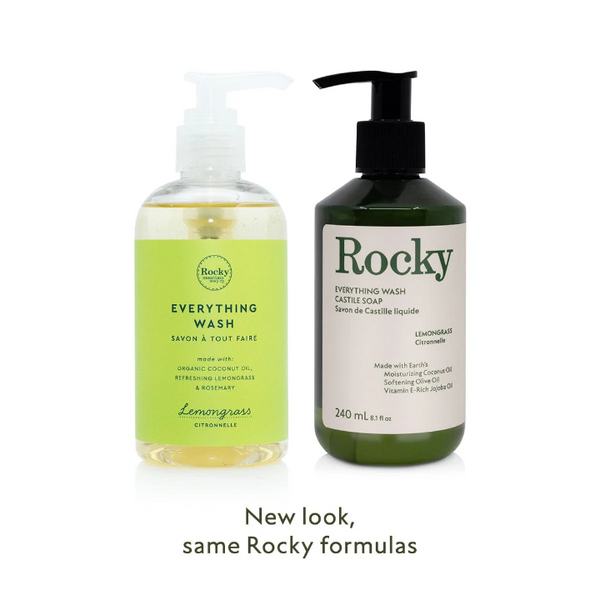 Bottles of Rocky Everything Wash Castile Soap Lemongrass, old branding beside the new branding