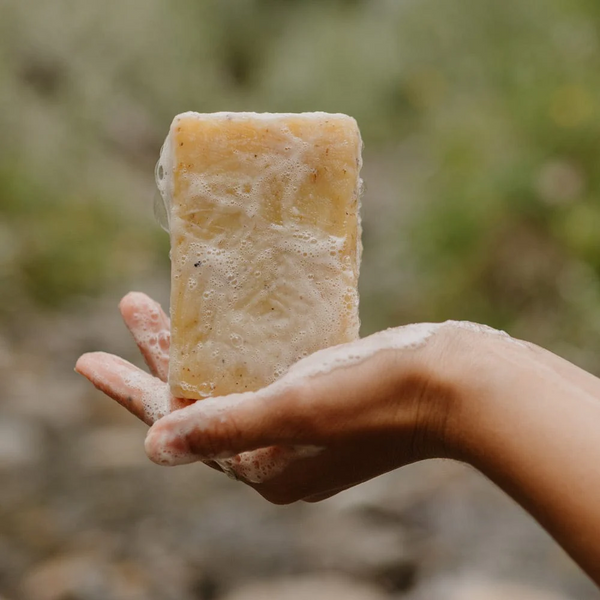 Person holding bar of Rocky Pumpkin cold pressed soap