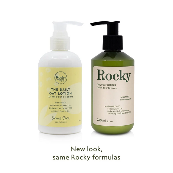 Rocky Mountain Soap Company old branding and the new Rocky branding Daily Oat Lotion Scent Free