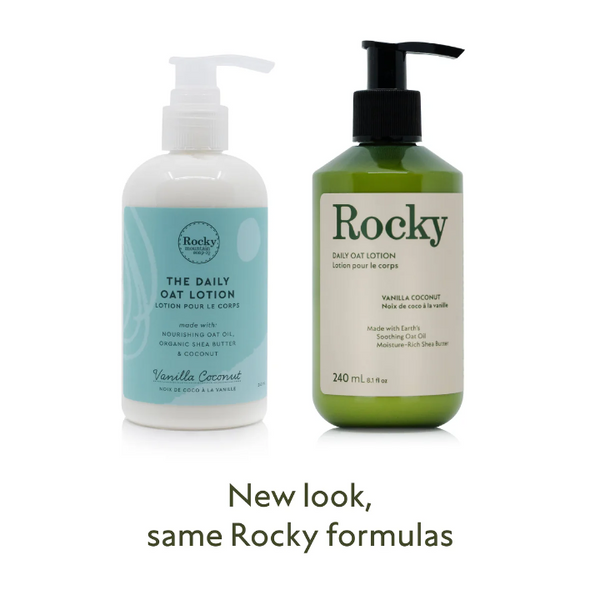 Rocky Mountain Soap Company Daily Oat Lotion Vanilla Coconut, old branding and new branding
