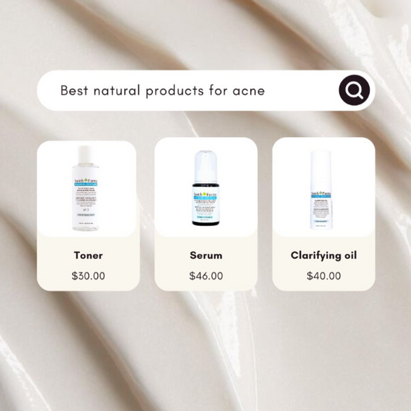 Best natural products for acne: Three skincare products with labels for toner, serum, and clarifying oil on a beige background.