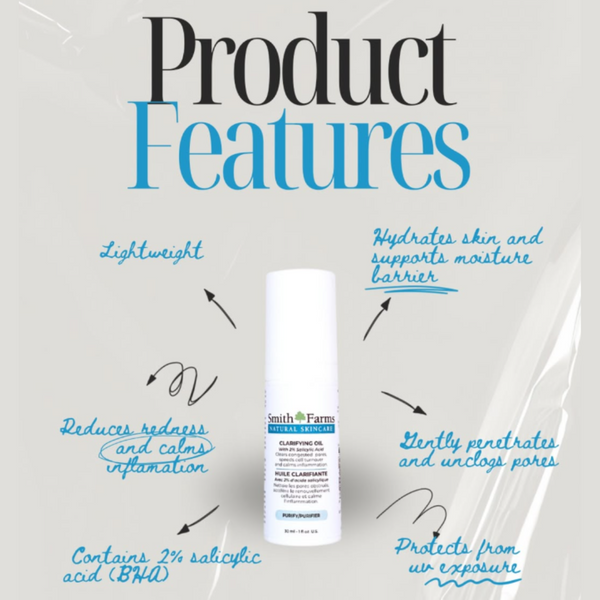 Product features of a Smith Farms Clarifying oil with text on a light gray background