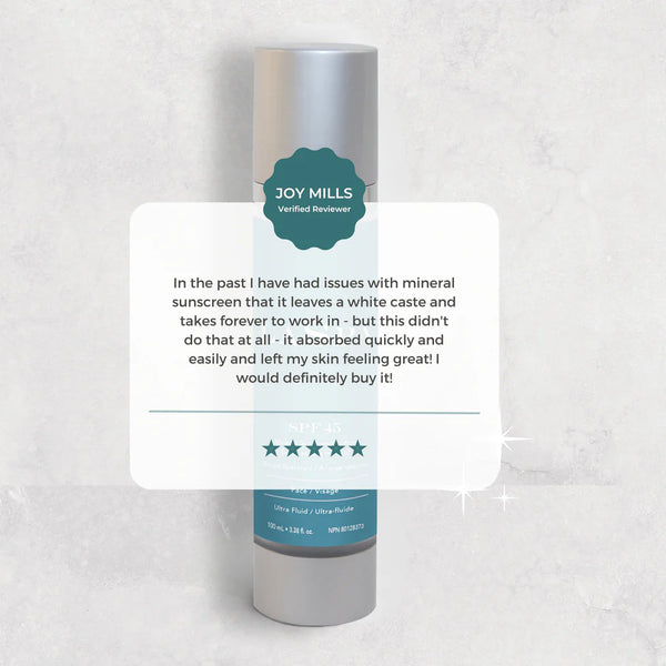 Skincare product with a five-star rating and review on a light gray background