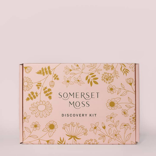 Somerset Moss Discovery Kit packaging with floral design on a light pink background