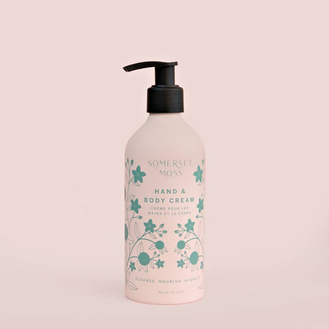 Somerset Moss hand and body cream bottle on a light pink background