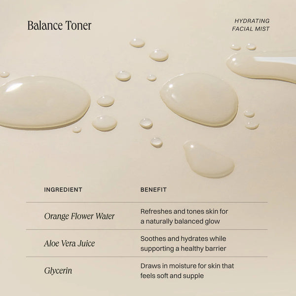 Product description card for balance toner with ingredient benefits on a beige background