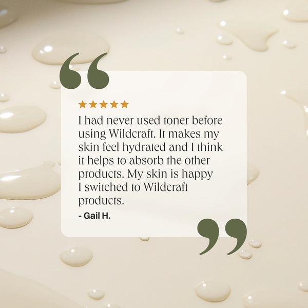 A quote card with a five-star rating and a customer testimonial from Gail H. on a cream-colored background with liquid droplets and olive green quotation marks.