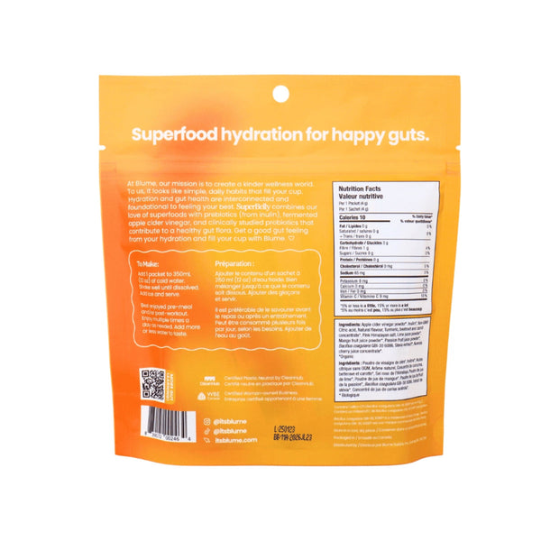 Blume SuperBelly Mango Passion Fruit in orange packaging with text and nutrition label on a white background