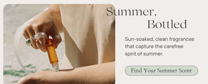 Person applying Merge Balmy summer perfume to their arm with text "Find Your Summer Scent"