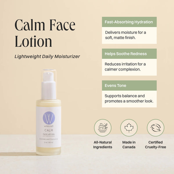 Calm Face Lotion bottle with product features on a beige background