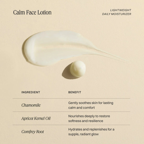 Calm Face Lotion packaging with ingredients and benefits on a beige background