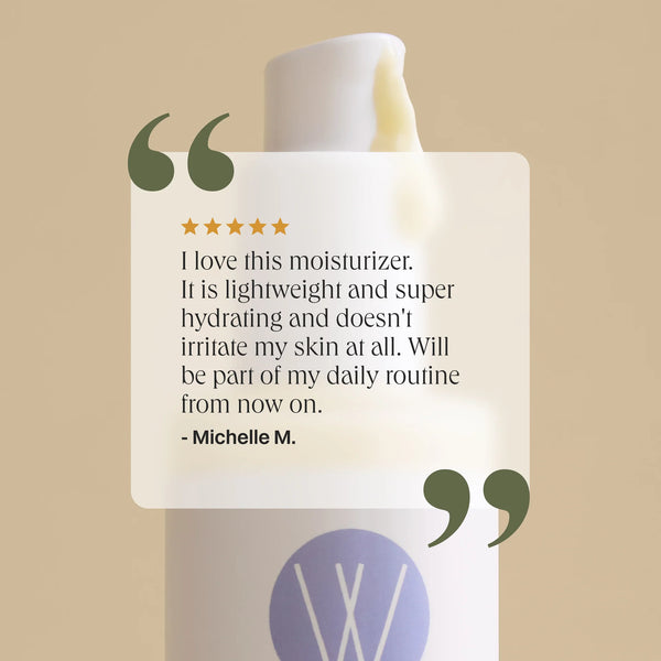 Moisturizer bottle with a customer review on a beige background