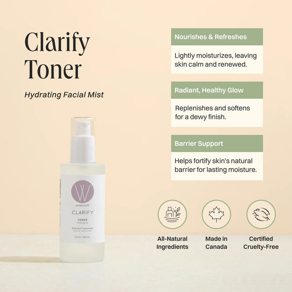 Clarify Toner Hydrating Facial Mist bottle shown on a warm beige background with product benefits and icons. The bottle is frosted white with a clear pump and a circular purple 'W' logo on the label.