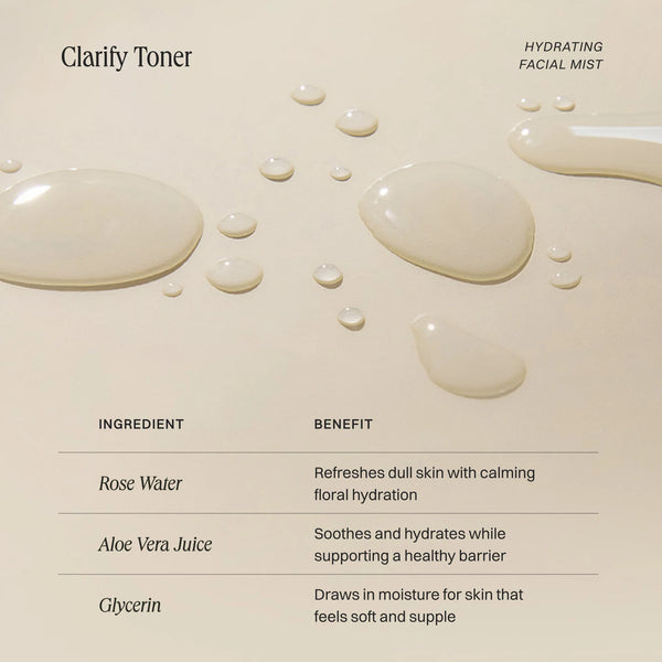 Beige skincare graphic for Clarify Toner hydrating facial mist, showing glossy droplets of the cream product on a matching beige background with a table listing ingredients and benefits including rose water, aloe vera juice, and glycerin.