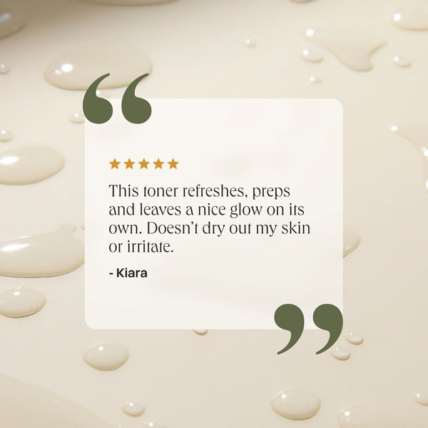 A square cream-colored card with a quote from Kiara, surrounded by decorative olive green quotation marks and five gold stars, set against a background of glossy liquid droplets.