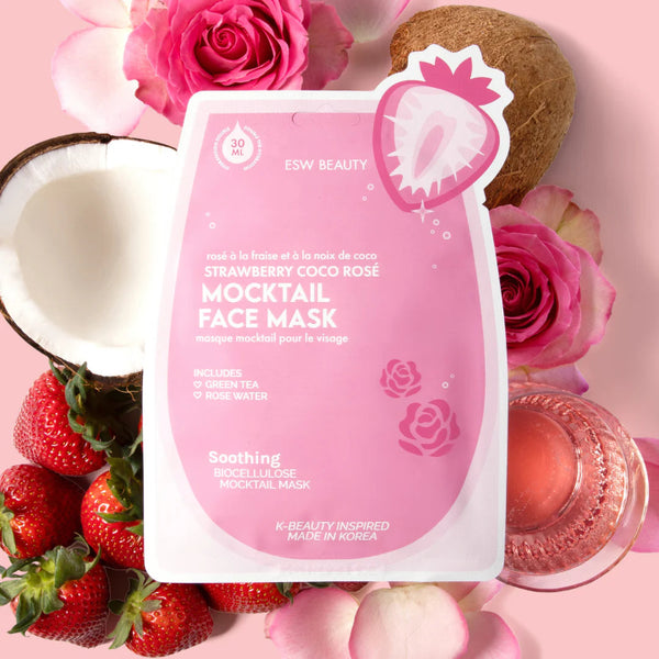 Strawberry Coco Rosé Mocktail Face Mask with strawberries, coconut, and roses on a pink background featured in Strawberry Sweets Skincare Treats Set
