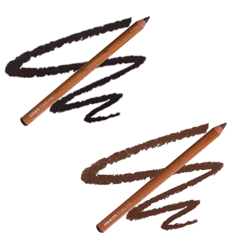 Two Elate Eyeline pencils with colour swatch lines for Onyx & Hearth on a white background.