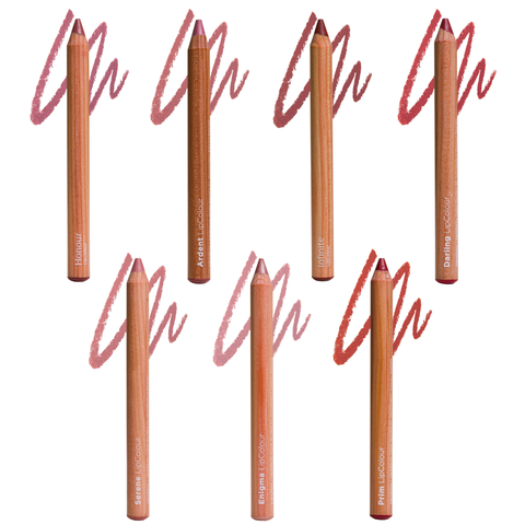 Elate sustainable lip stick pencils with colour swatch strokes on a white background.