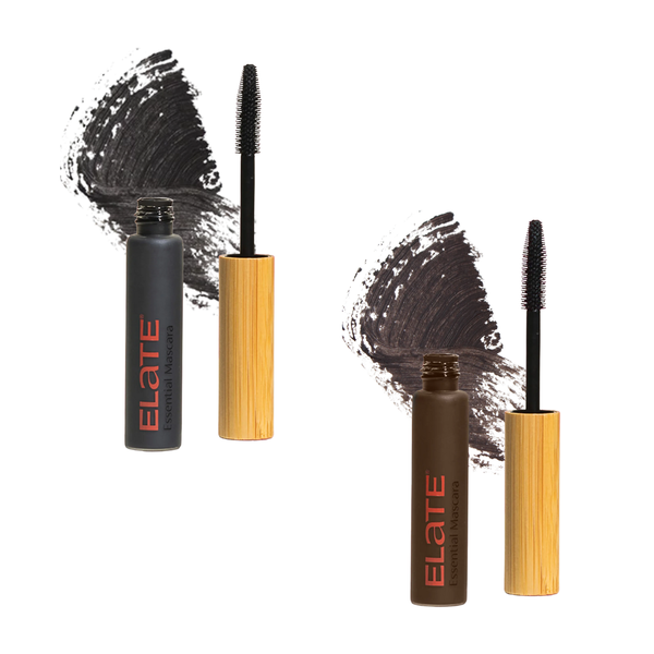 Two mascara products with bamboo applicators and 'Elate' branding on a white background.