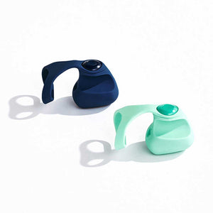Two handheld devices, one blue and one green, on a white background