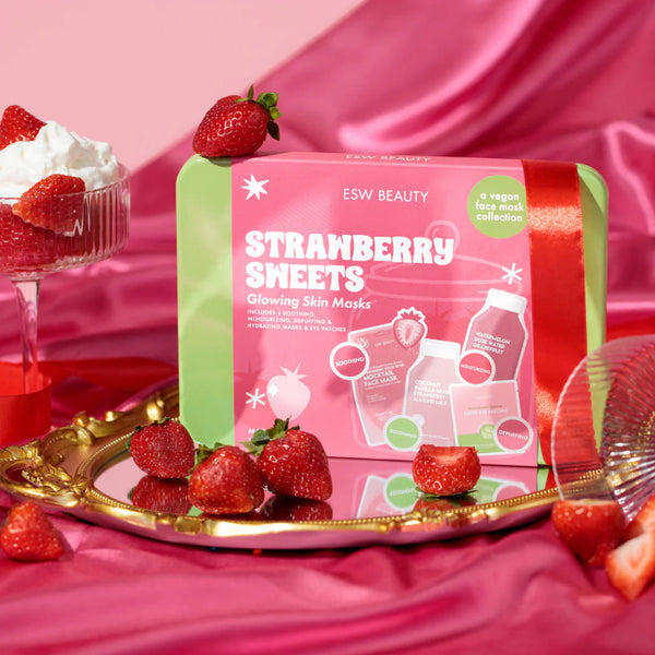 ESW Beauty Strawberry Sweets Skincare Treats Set packaging with strawberries on a pink background
