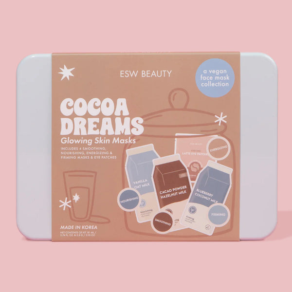 ESW Beauty Cocoa Dreams Skincare Treats Set packaging on a pink background