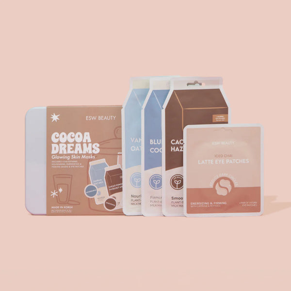 Collection of ESW Beauty skin care products featured in the Cocoa Dreams Skincare Treats Set on a beige background