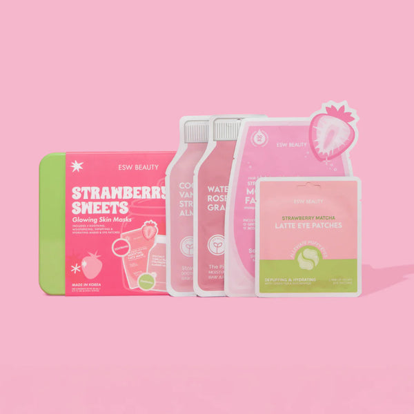 ESW Beauty Strawberry Sweets skincare products on a pink background