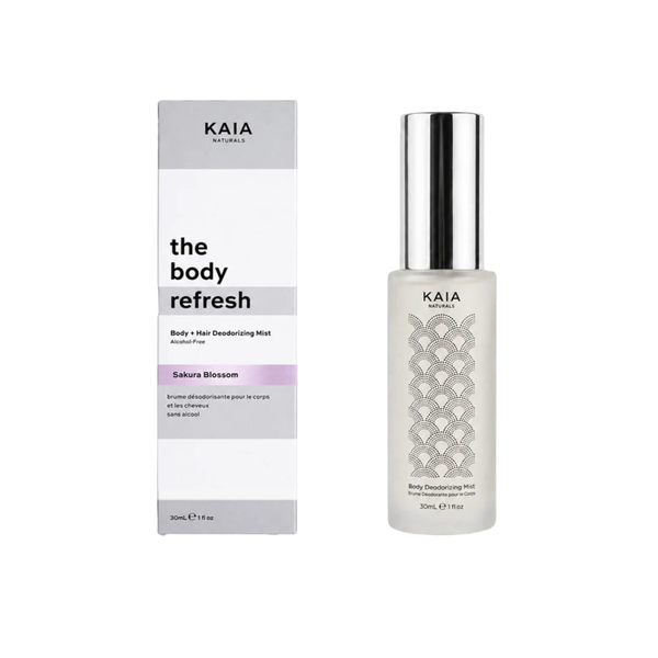 KAIA Naturals 'The Body Refresh' Body & Hair Deodorant Mist in Sakura Blossom scent, shown with its white and gray packaging box and the clear bottle with a silver cap.