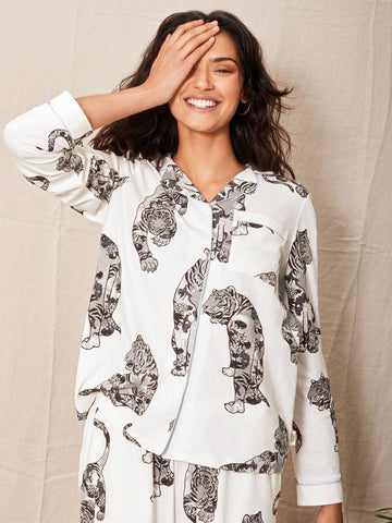 Organic Cotton Lotus Tiger Print Long Pyjama Set by Chelsea Peers