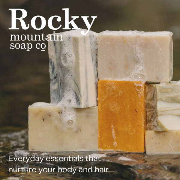 Stack of soap bars from Rocky Mountain Soap Co with a natural background