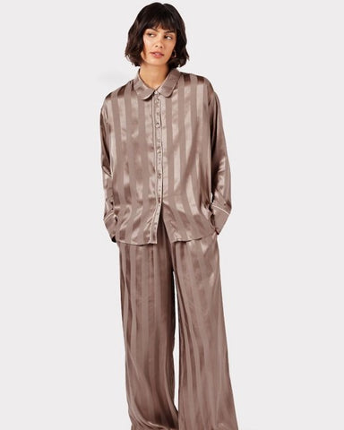 Satin Beige Jacquard Stripe Long Pj Set by Chelsea Peers