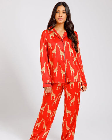 Satin Red Giraffe Print Long Pyjama Set by Chelsea Peers