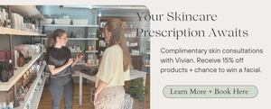 Two women in a skincare store with promotional text overlay.
