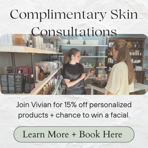 Two women in a beauty store with promotional text for complimentary skin consultations and discounts.