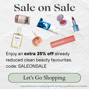 Cosmetic products with a sale promotion text overlay - Sale on Sale Enjoy an extra 35% off already discounted items, with the code SALEONSALE.