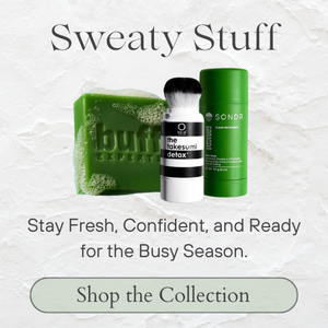 Body care products including a green bar of soap by Buff Experts, a white Sweat Powder bottle, and a green container of Sondr deodorant, on a textured white background with promotional text.