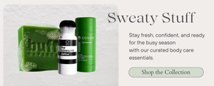 Body care products including a bar of soap, deodorant bottle, and Sweat Powder container on a textured background with promotional text.