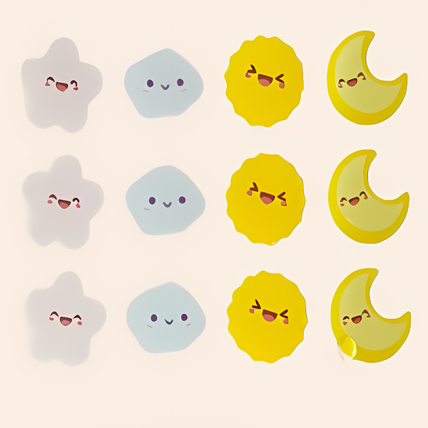 Set of cartoon cloud, star, and moon shapes with facial expressions on a beige background