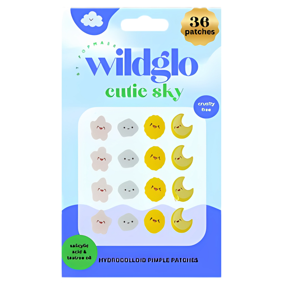Pack of Wildglo cutie sky pimple patches with cartoonish designs on a light blue background.
