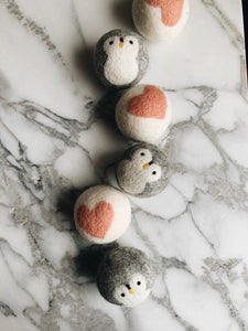 100% Organic Wool Dryer Balls, Hand Dyed and Hand Felted - Penguin by Essence of Life