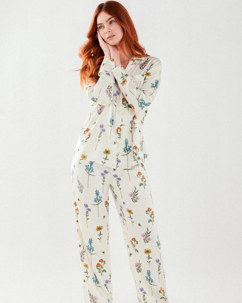Floral Print Button Up Satin Long Pyjama Set by Chelsea Peters