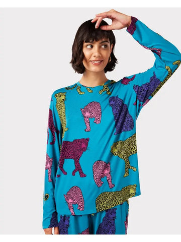 Recycled Fibre Teal Leopard Print Long Pyjama Set by Chelsea Peers