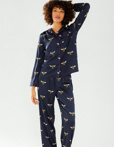 Satin Navy Bee Print Long Pyjama Set by Chelsea Peers