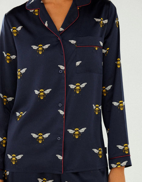 Satin Navy Bee Print Long Pyjama Set by Chelsea Peers
