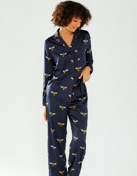 Satin Navy Bee Print Long Pyjama Set by Chelsea Peers