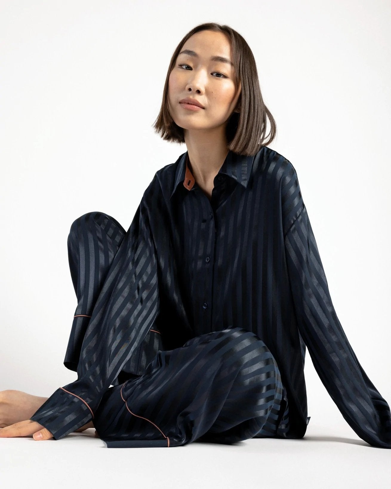 Satin Stripe Oversized Button-Up Long Pyjama Set by Chelsea Peters